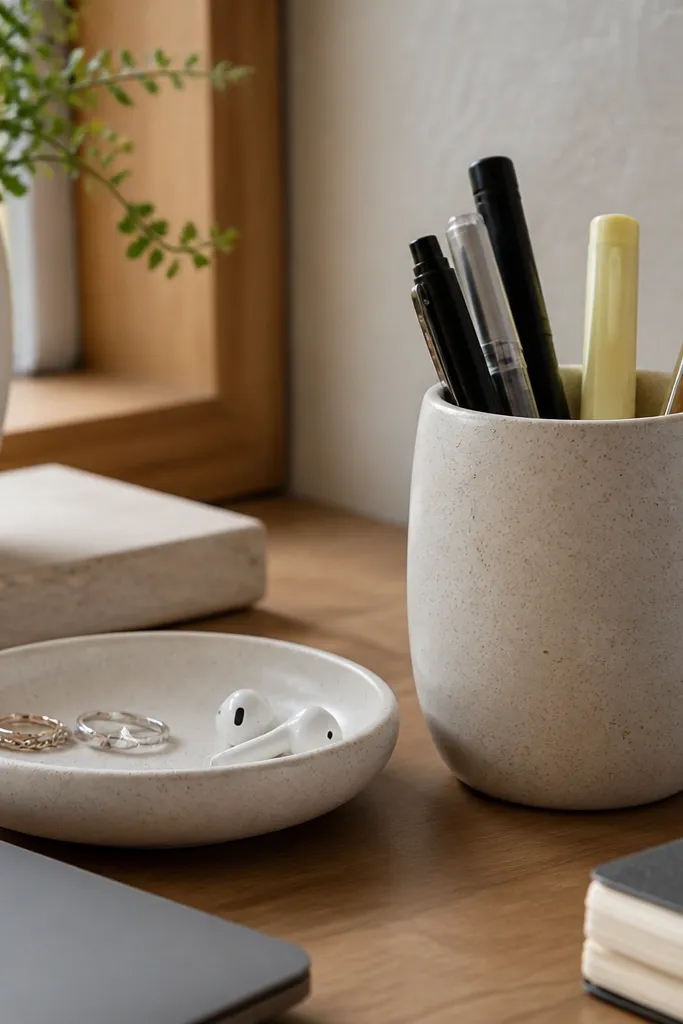 Matte ceramic pen cup with a matching small ring dish on a study desk