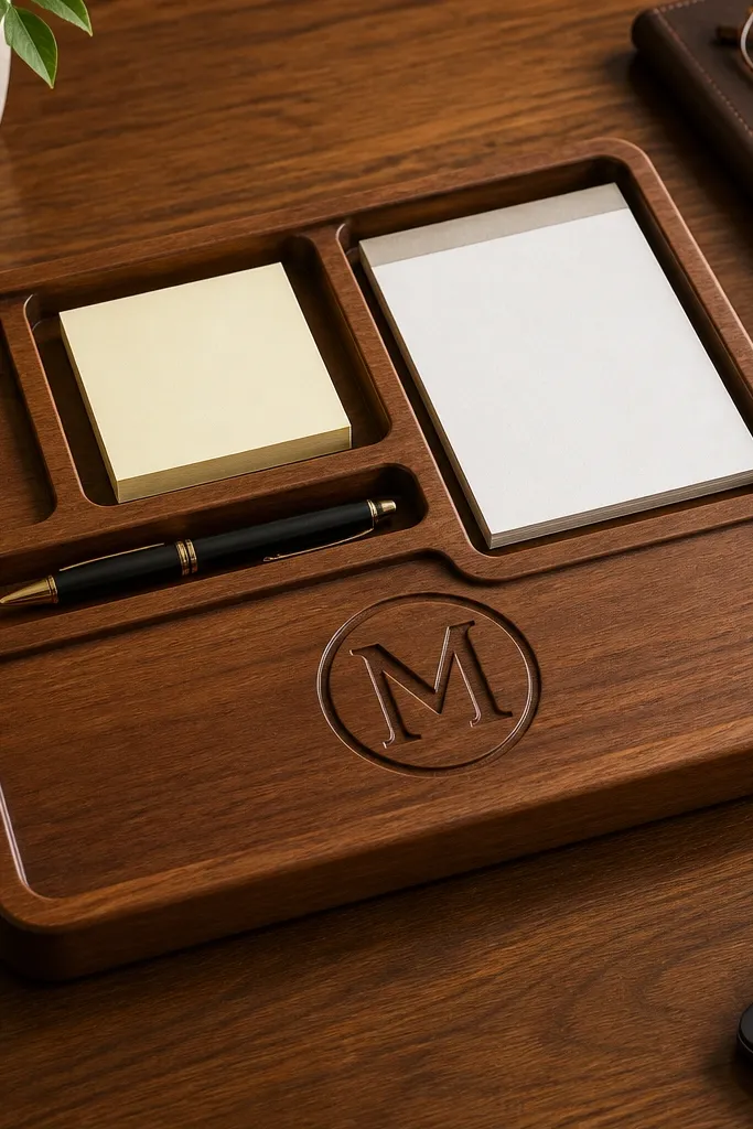 Warm wood desk tray with a monogram and a slim insert holding stationery