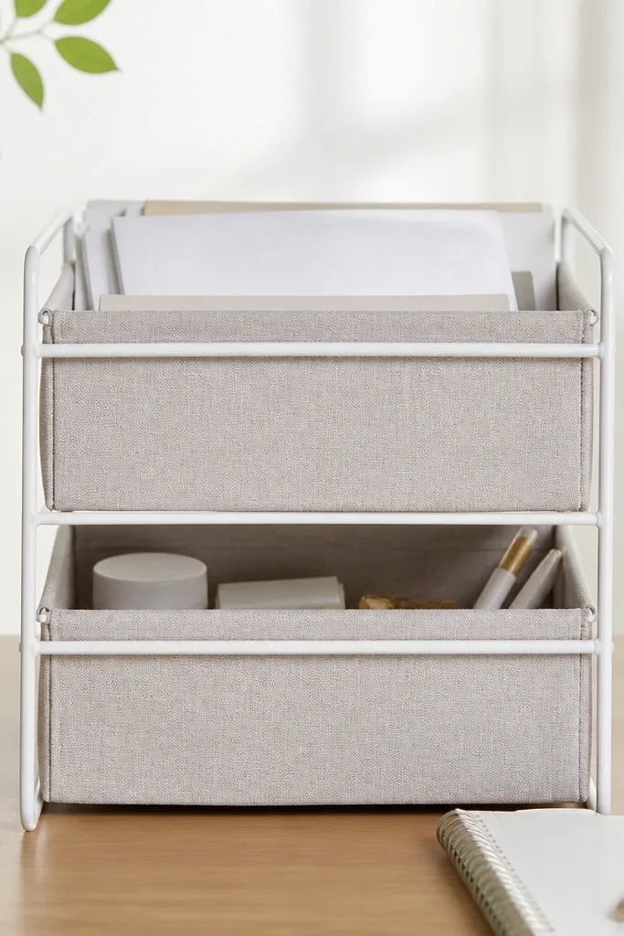 Stackable organizer with beige fabric bins for paper and supplies on a desk