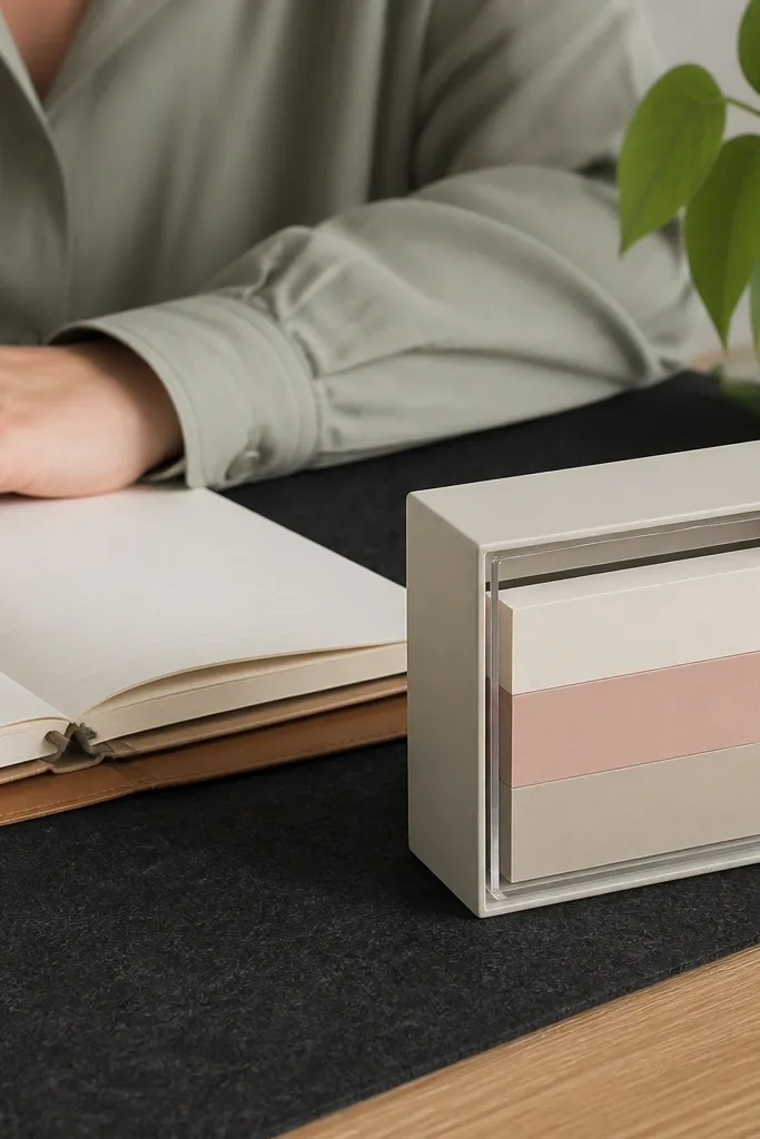 Color-block sticky note holder with a clear front and neat notes
