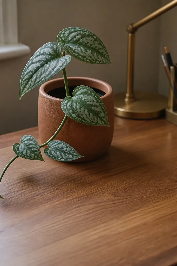 Small terracotta pot with one trailing plant stem on a study desk