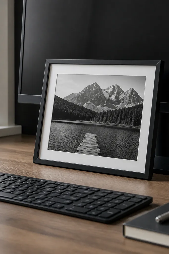 Black-and-white framed leaning behind a monitor on a desk