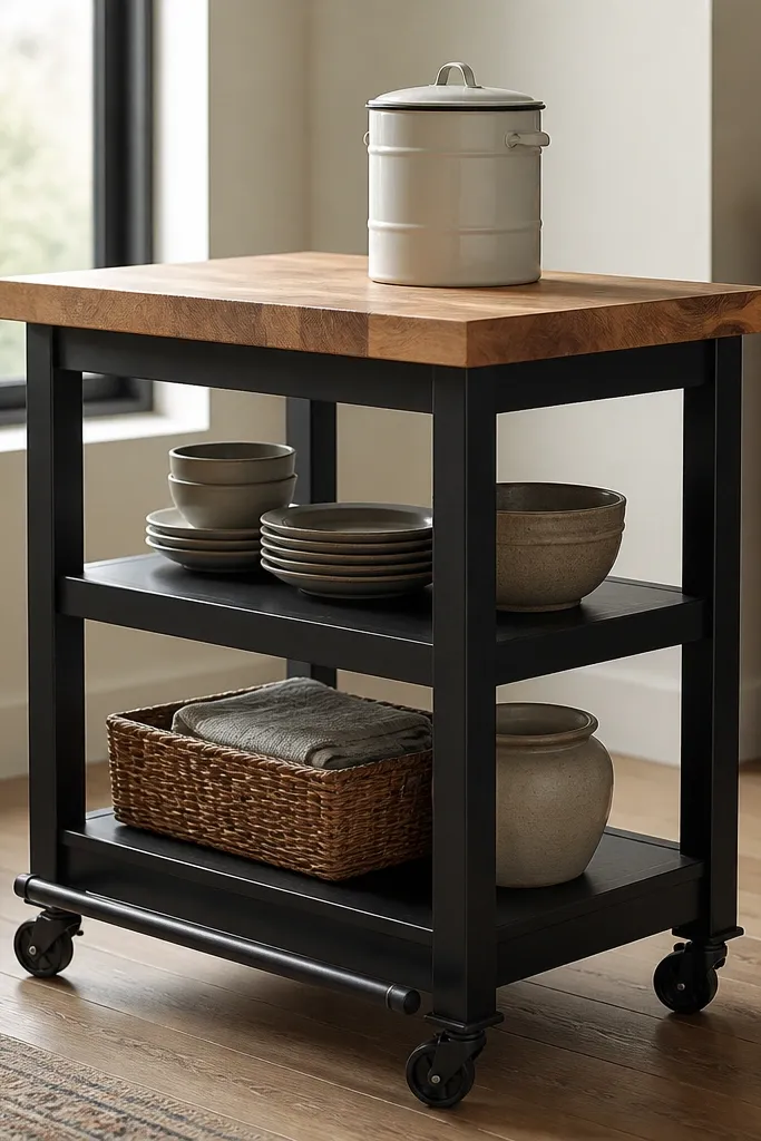 A small butcher block countertop island on casters with a lower toe-kick bar painted matte black. The top has a 1-inch overhang on both visible sides. A white enamel canister sits on top, and the frame has two open shelves.