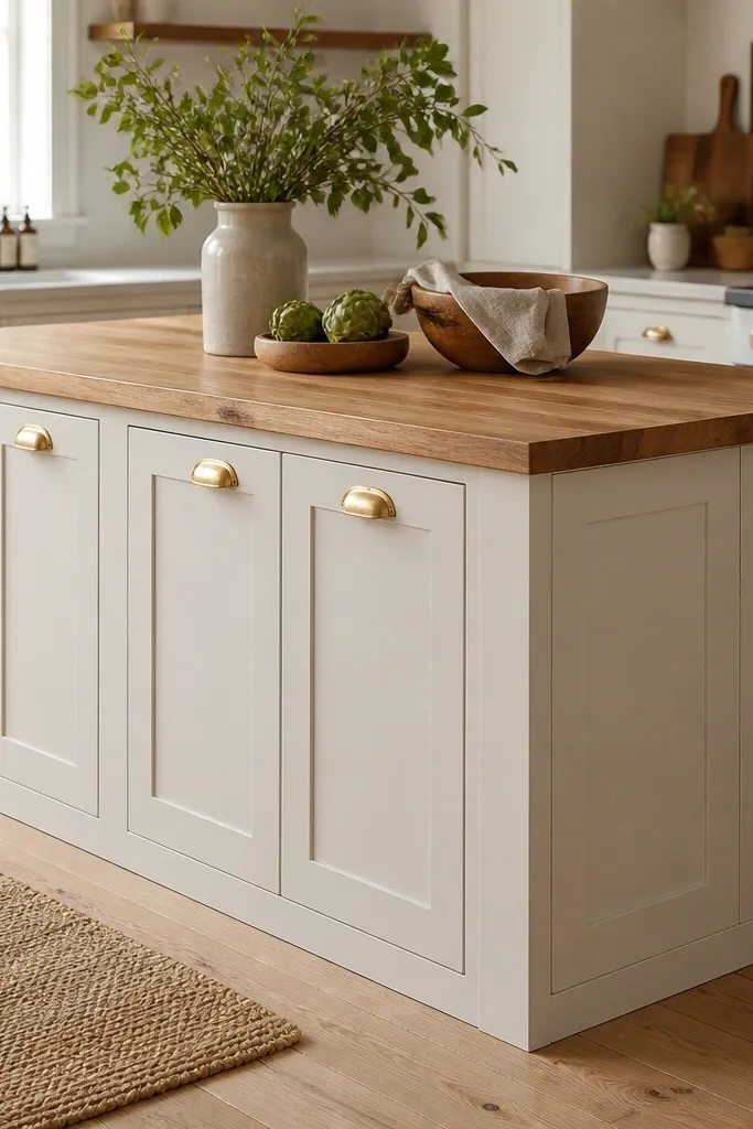 A full-height island with recessed cabinet doors below the butcher block countertop. The cabinet fronts are soft white with brushed brass pulls. The butcher block top has a clean edge and a subtle 1.25-inch overhang.