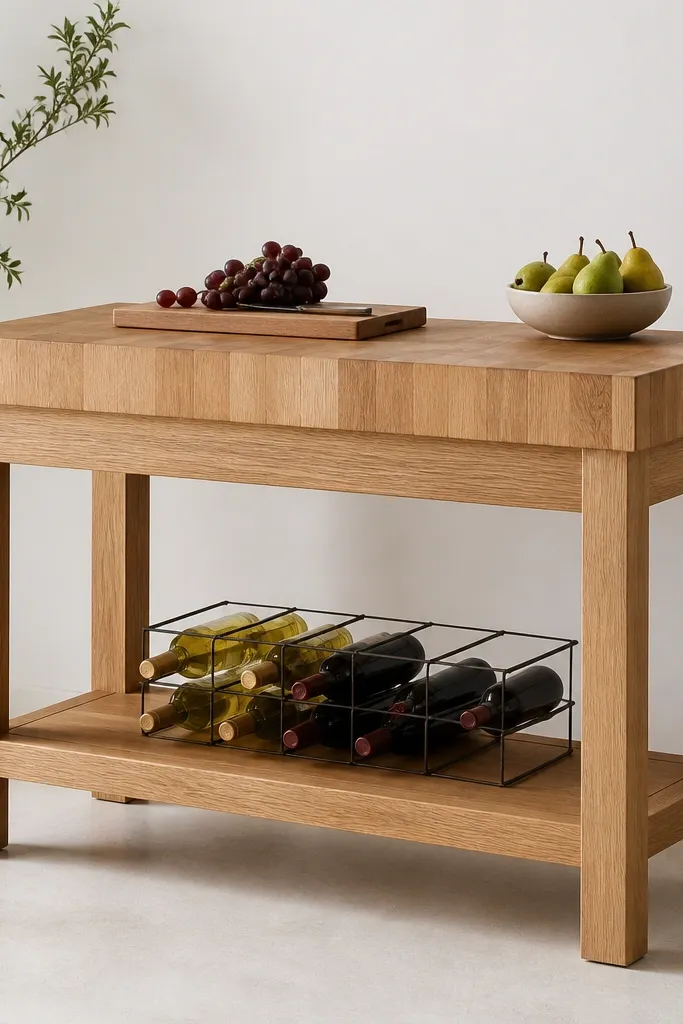 A taller butcher block countertop with a lower open shelf holding wine bottles in a wire rack. The upper surface has a cutting board and a small fruit bowl. The base is light oak wood with a matte white backdrop.