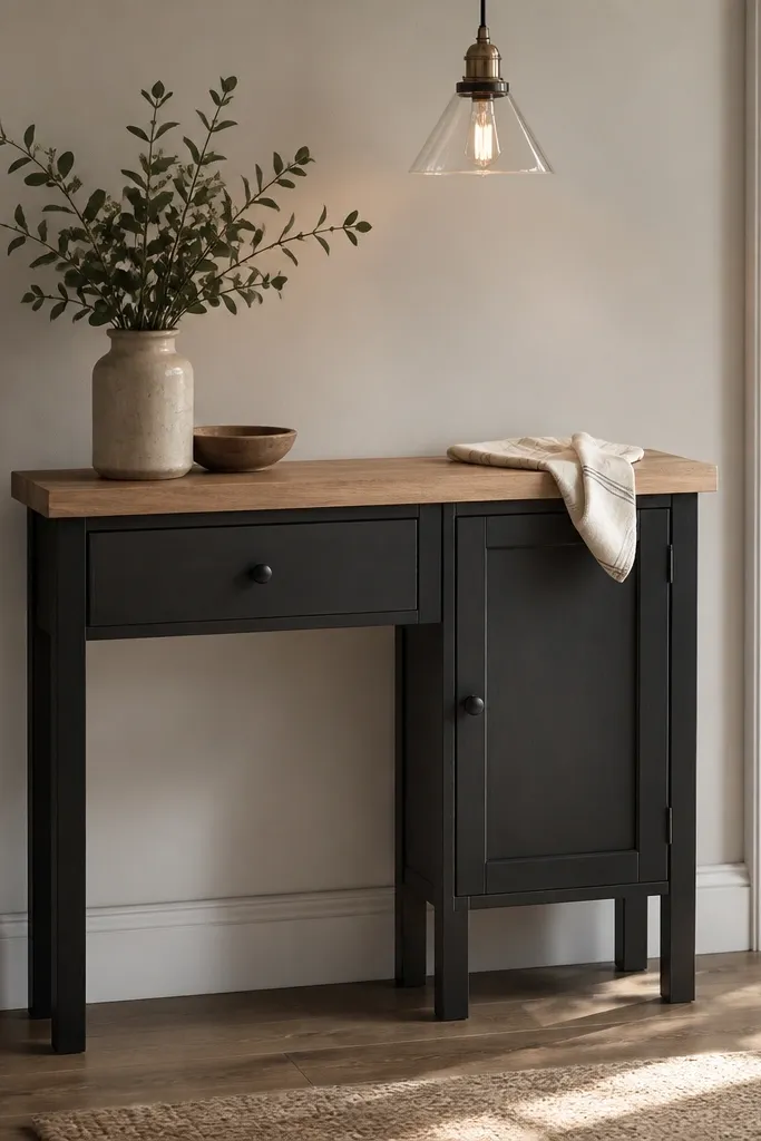 A slim butcher block countertop island with a 14-inch depth. One side has a single drawer and the other has a cabinet door. The island is against a wall with a pendant light above.