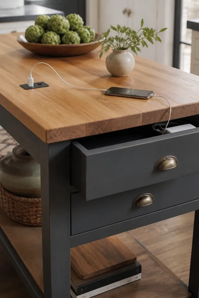 A butcher block island top with a flush-mounted charging dock in a small black panel. Cables run behind a drawer. The base has two drawers and a lower open shelf.