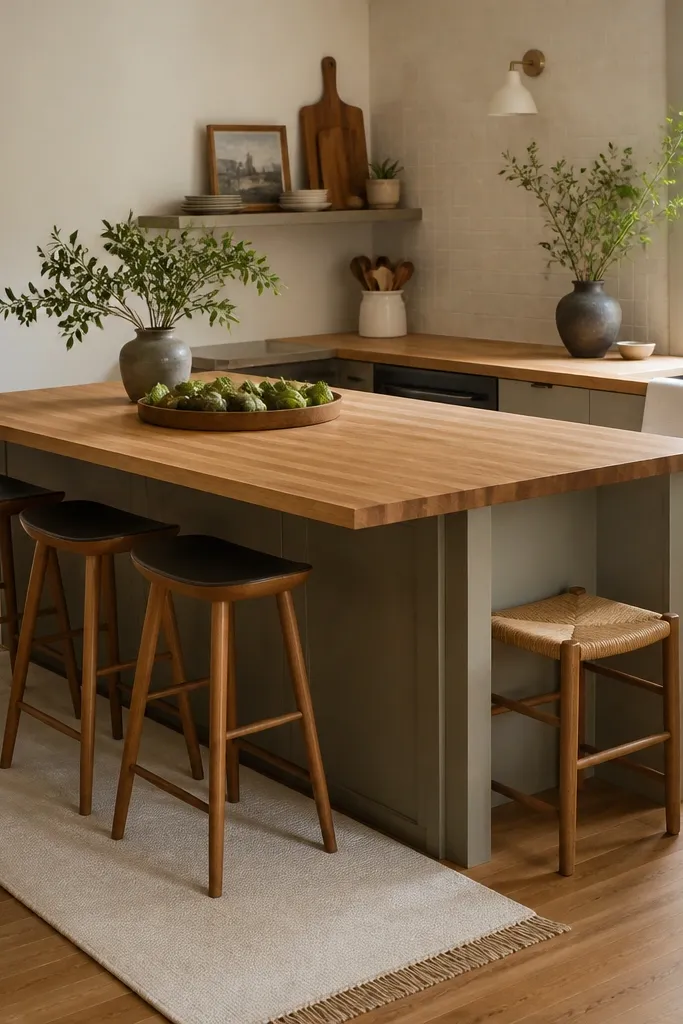 An L-shaped butcher block countertop island tucked into a corner. The long edge has a 1-inch overhang and a small stool fits at the inside corner. There's a white runner rug under the stools.