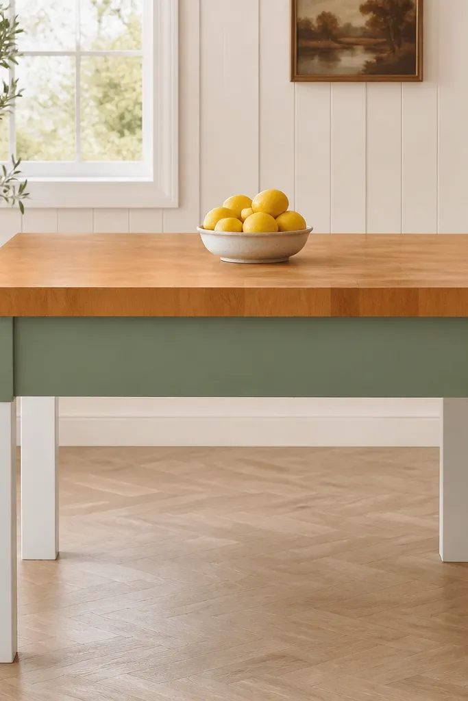 A butcher block top sitting on a base with a thick apron skirt panel. The apron is painted a soft sage green and the base legs are white. A small bowl of lemons sits centered on top.