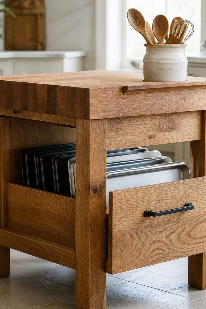 A butcher block island with one wide deep drawer. The drawer has a black metal pull and holds sheet pans vertically. The top has a narrow ledge for a utensil crock.