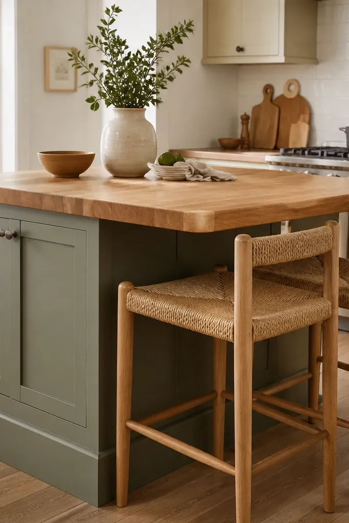 A butcher block island with a counter-height base and a bar-height overhang. Two stools with light wood legs and woven seats sit at the side. The butcher block edge is rounded slightly and the top is honey-toned.