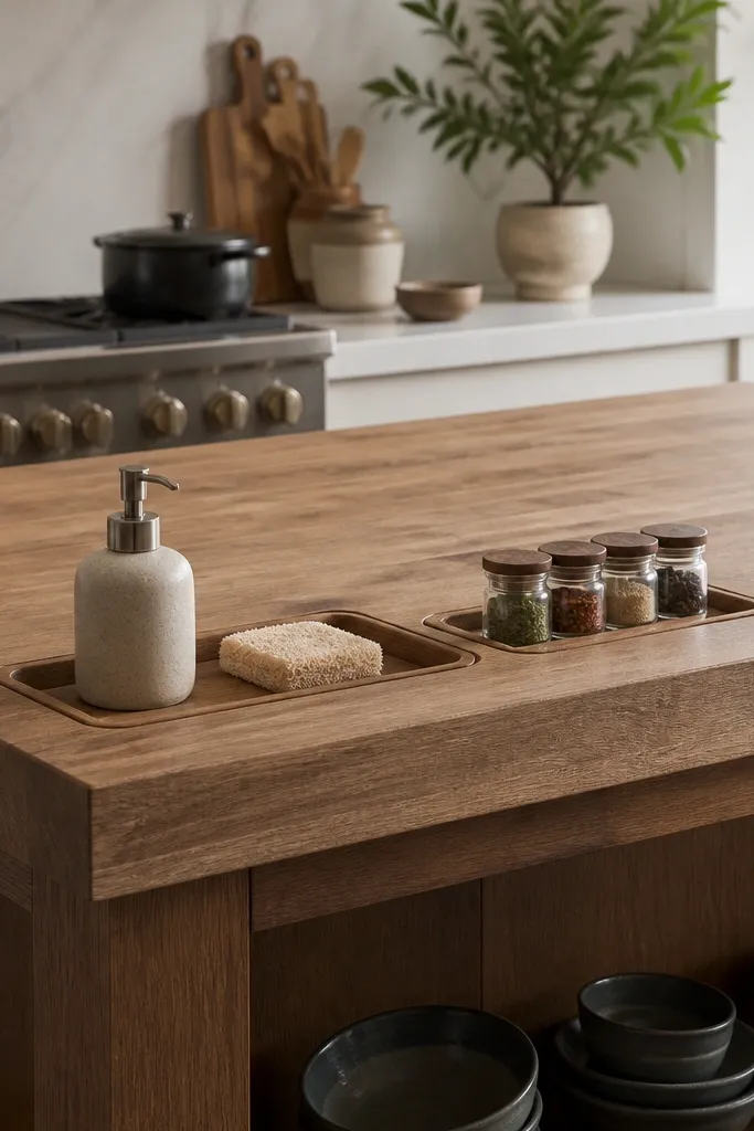 A butcher block island top with two shallow recessed trays. One tray holds a soap dispenser and sponge, the other holds spices in small jars. The trays are the same wood tone.