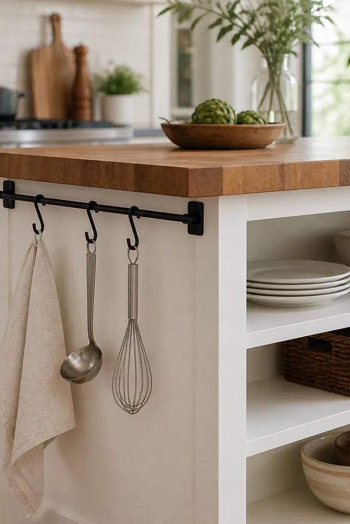 A butcher block island with a black peg rail mounted under the countertop overhang. Hooks hold a towel, a ladle, and a whisk. The base is white with open shelves.