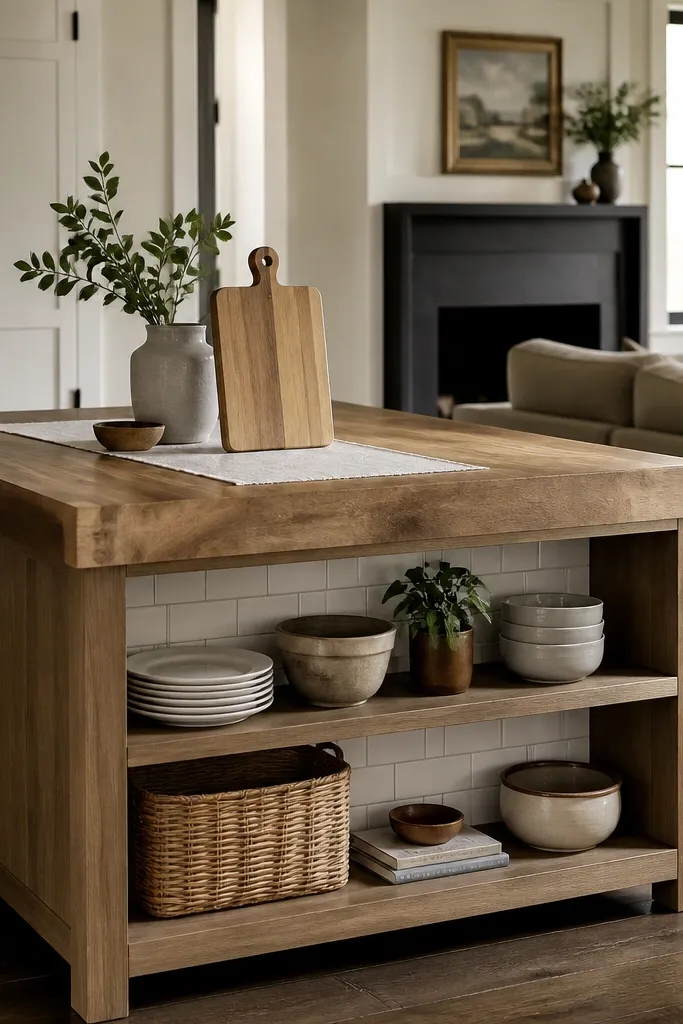 A butcher block island with open cubbies on the side facing the living room. A small backsplash panel in white tile sits behind the cubbies. The top has a narrow runner and a cutting board standing upright.