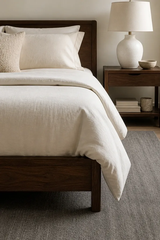 Cream bedding with dark wood headboard, gray rug, and a brown floor lamp