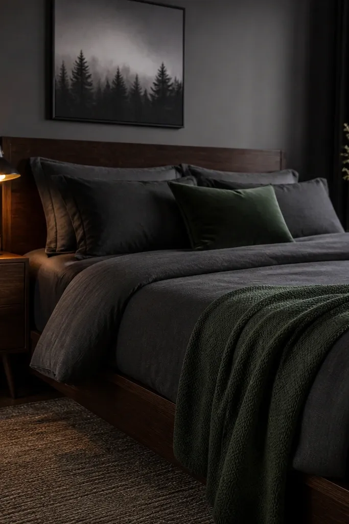 Charcoal bedding with deep green throw, dark rug, and a corner lamp