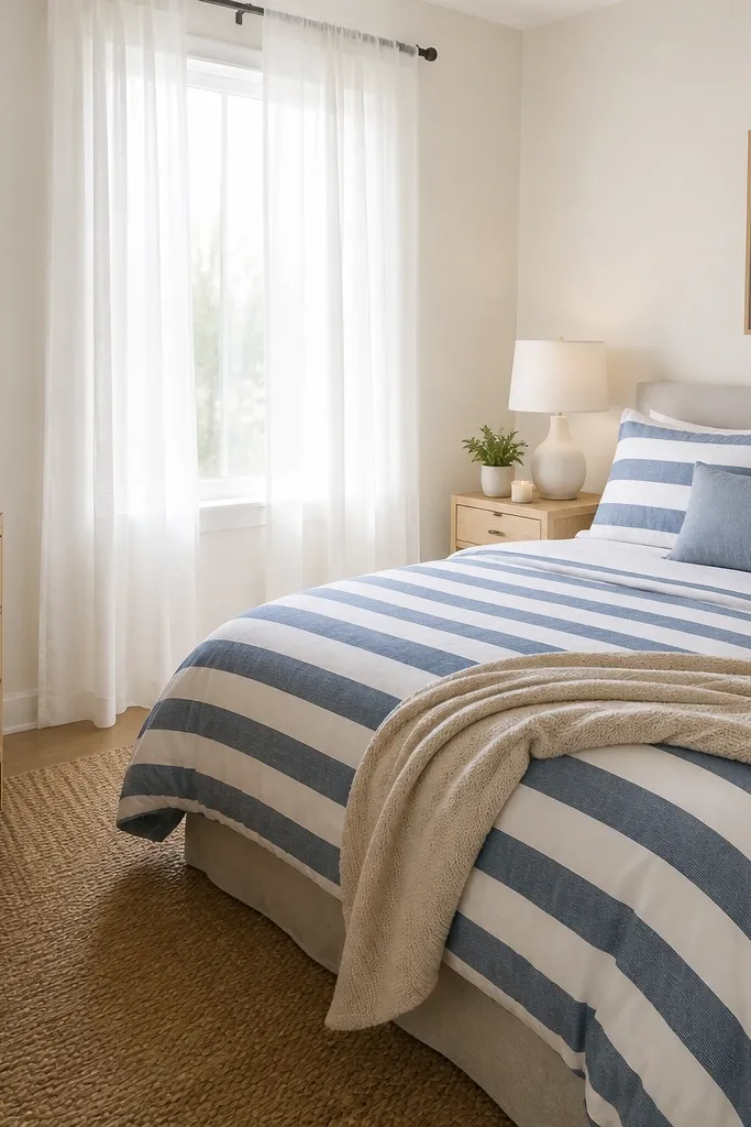 Blue striped bedding, light wood furniture, white curtains, and a woven rug