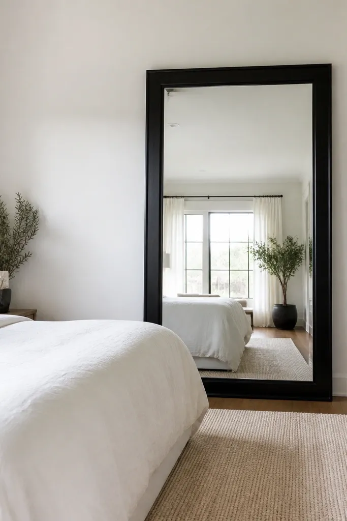 White bedding, white curtains, and a black framed mirror near a dresser