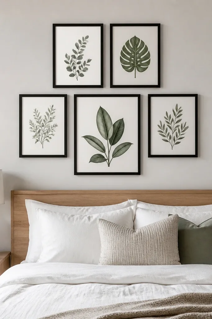 Five framed prints above a bed with neutral bedding and a small side lamp