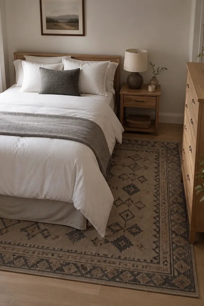 Large patterned rug, bed centered on top, and a compact nightstand setup