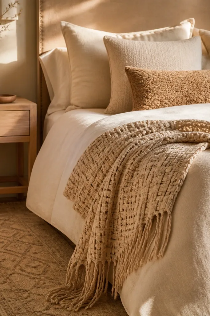 Tan rug, layered neutral bedding, woven throw, and a warm floor lamp