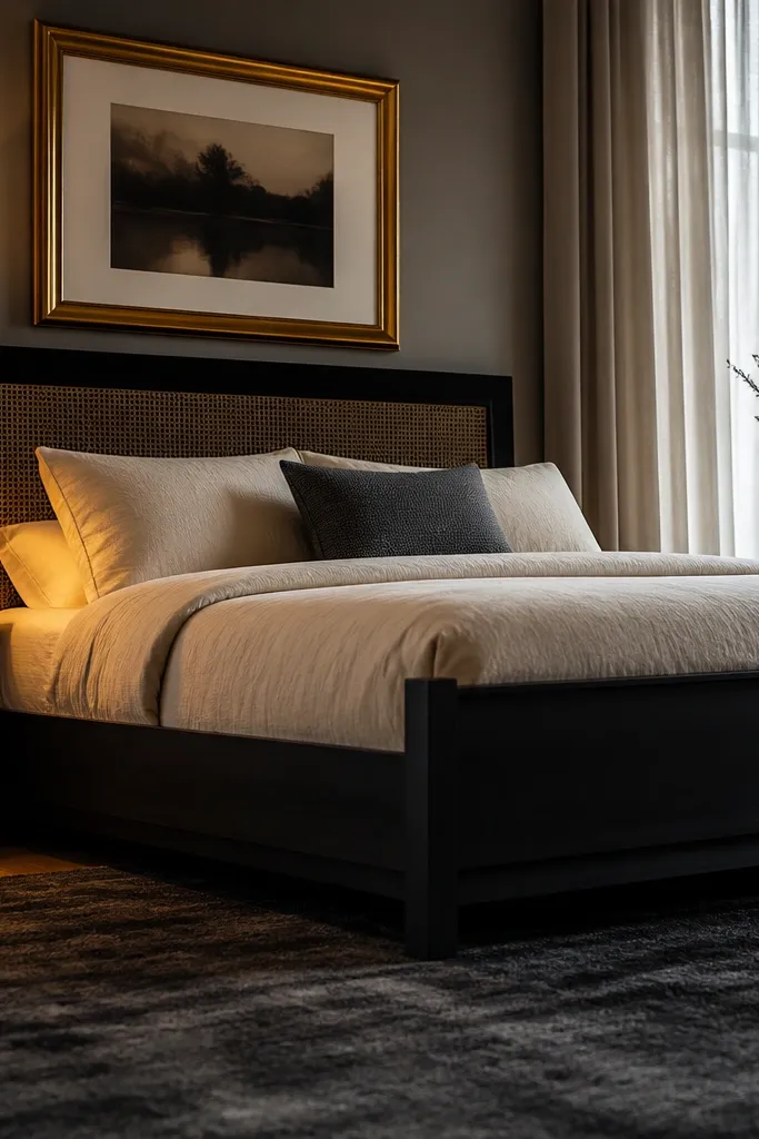 Black bed frame, warm gold-toned lamp accents, cream bedding, and a dark runner rug