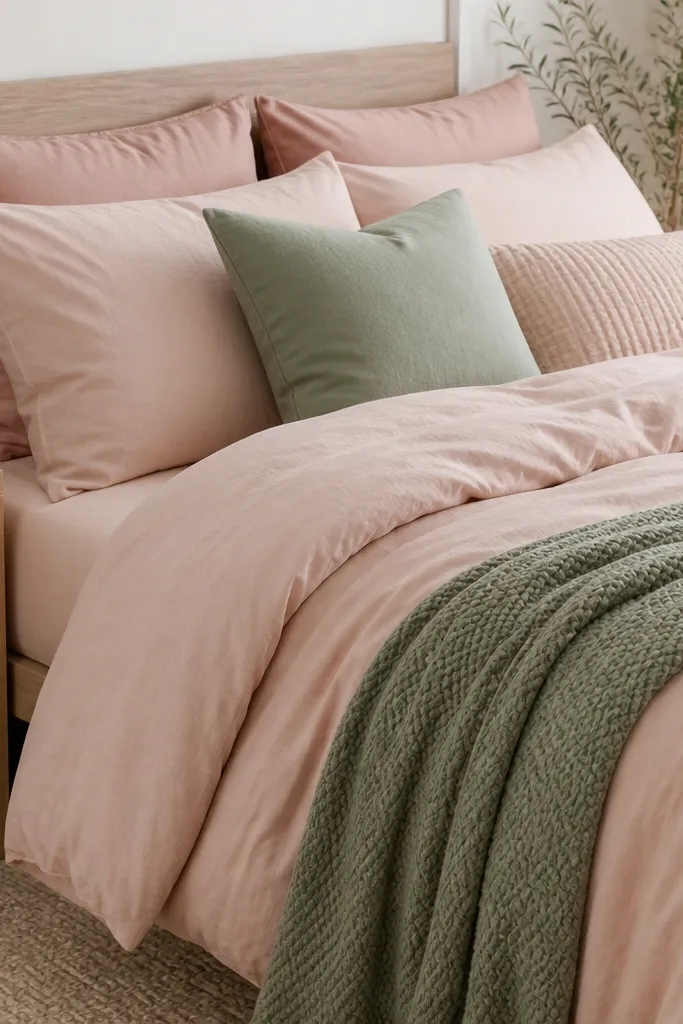 Pastel pink bedding, sage throw pillow, light rug, and a small white side table