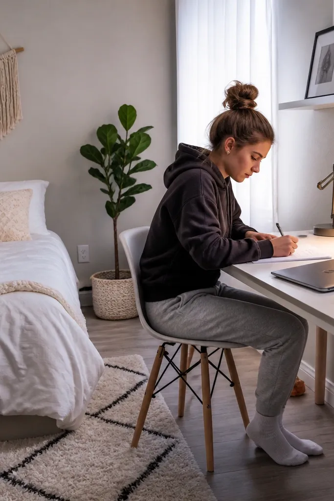 Bed on one side, slim desk with chair, wall shelves, and a desk lamp