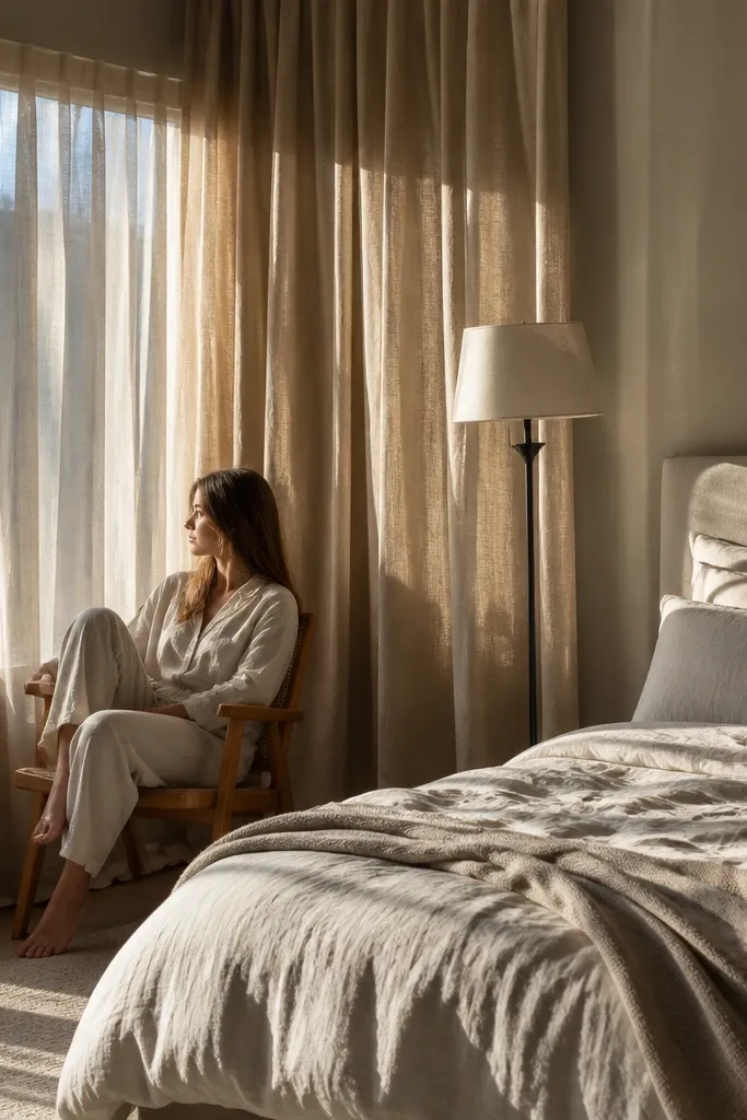 Curtains layered over a corner window, soft bedding, and a floor lamp by the window