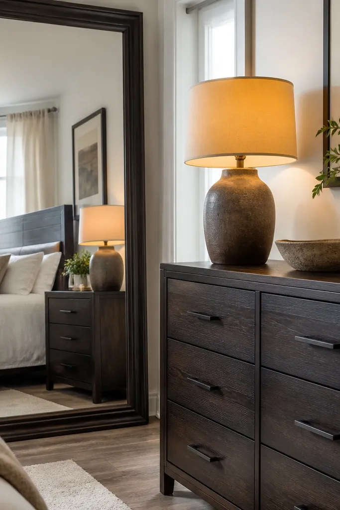 Full mirror near dresser, neutral bedding, matching lamp, and a tidy nightstand
