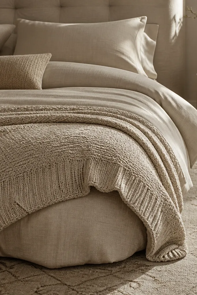 Beige bedding, textured throw, layered pillows, beige rug, and warm table lamp