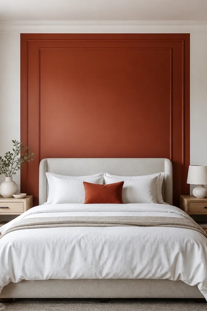 Neutral bed with a bold colored wall panel and a framed art above