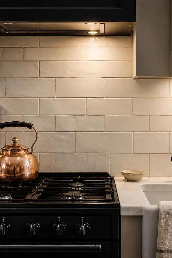 Cream backsplash tiles behind a black stove with small wall decor and warm light.