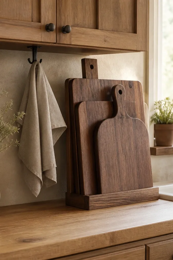 Light wood counter with a stacked cutting board arrangement near the sink and warm lighting.