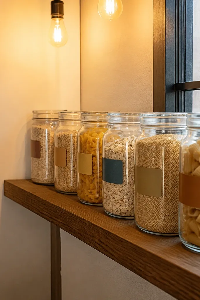 Warm-toned jars lined on a shelf between a fridge and window with soft lighting.