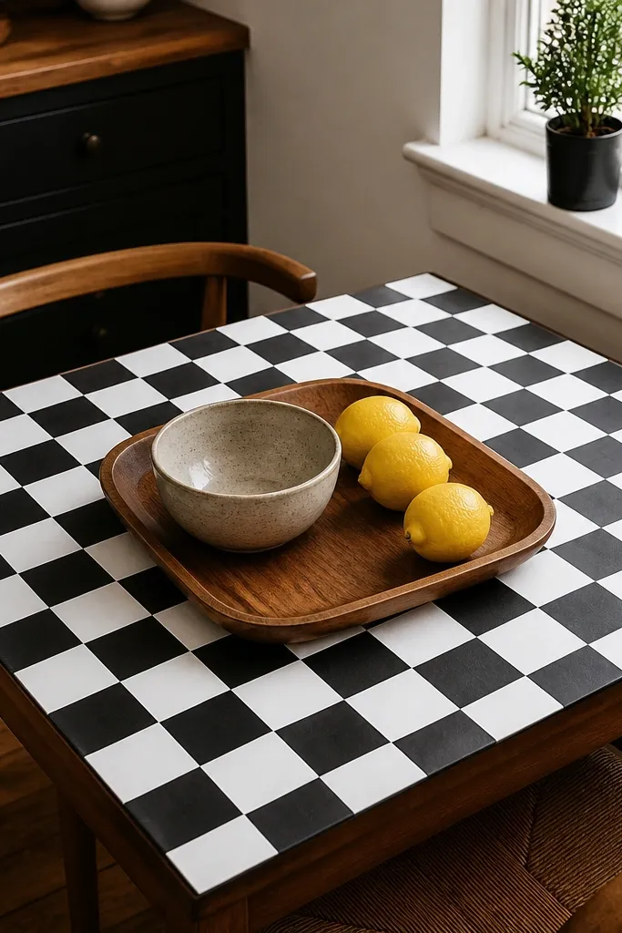 Small dining table with black-and-white checker placemats and a wood centerpiece bowl.