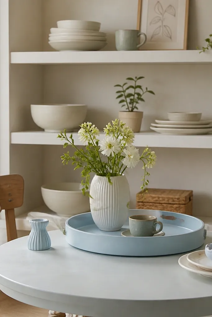 Pastel kitchen nook with open shelf items and a pastel tray on the counter.