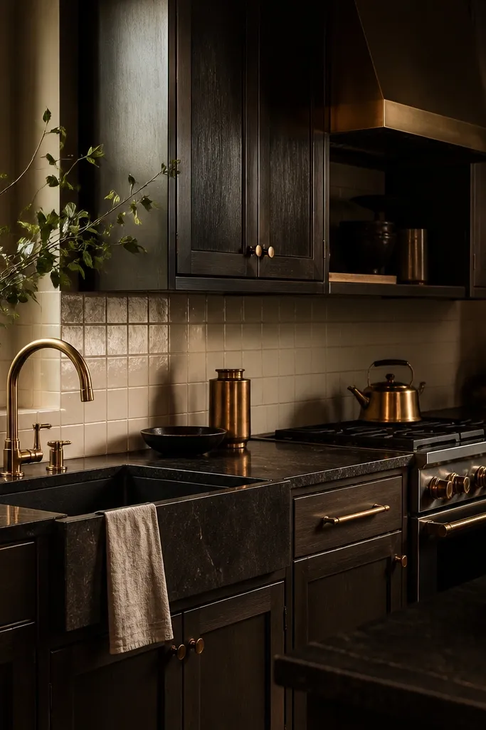Espresso-toned kitchen with warm brass accents and dark countertop styling.