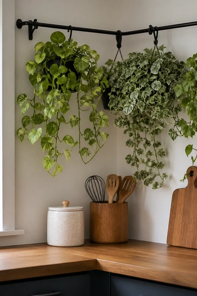 L-shaped counter with a hanging plant rail above and neatly grouped decor.