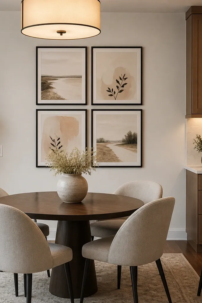 Dining corner with a small gallery of framed prints on the wall behind a table.