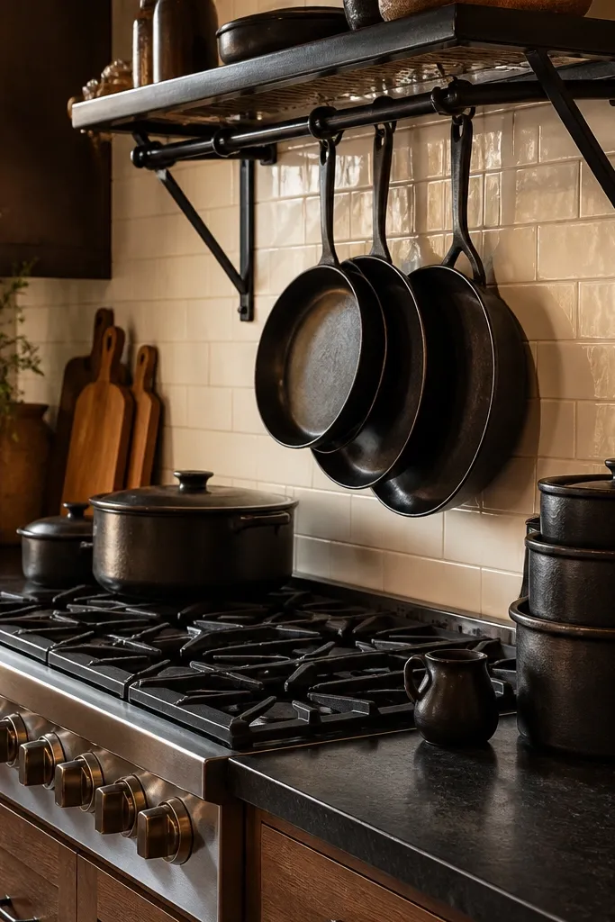 Stove area with a pot rack vibe and stacked cookware on the counter.