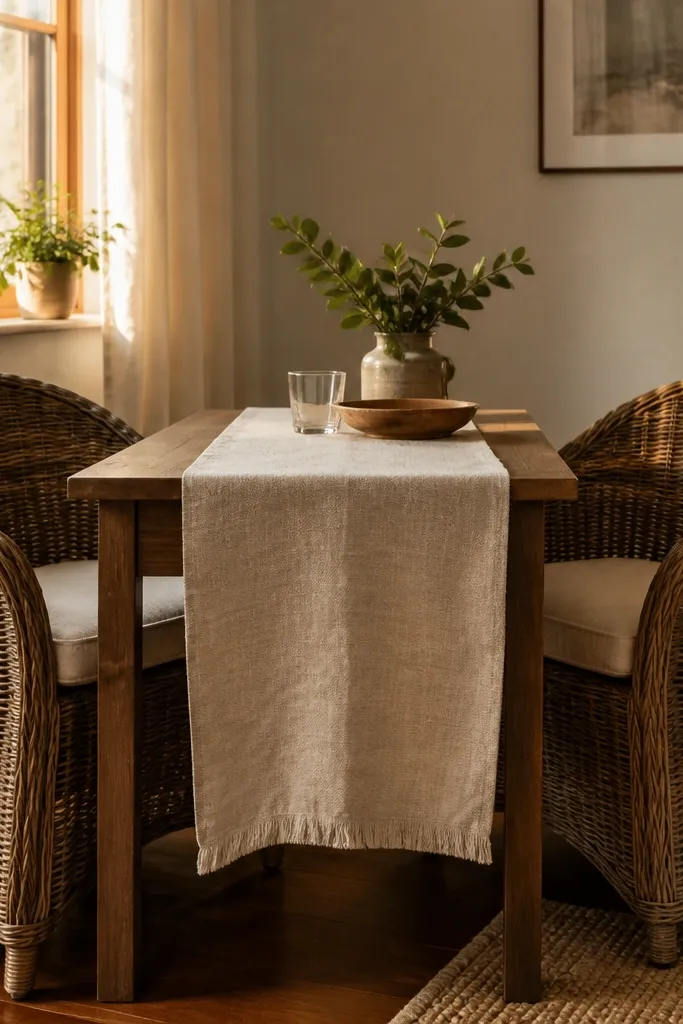 Dining set with rattan chairs and a linen runner on the table.