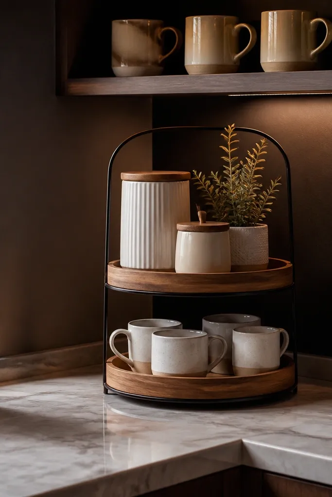 Corner coffee bar with a tiered tray, coffee items, and mugs arranged neatly.