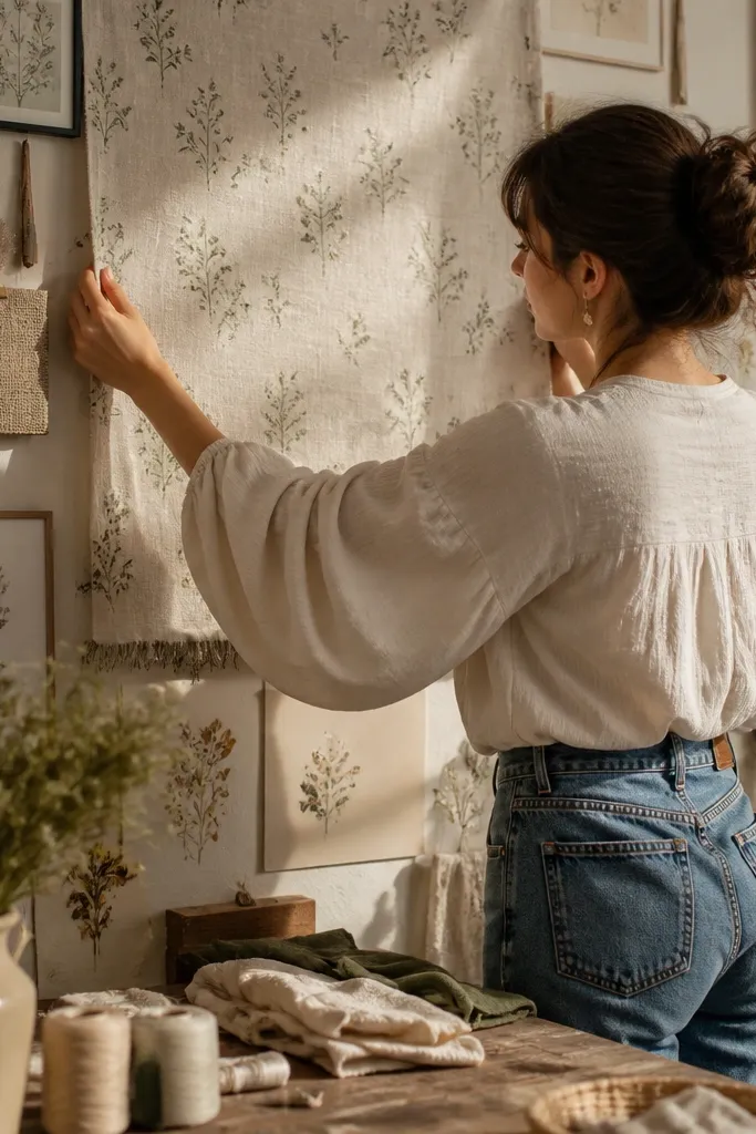 Beige linen-look wall hanging with small botanical prints above a craft desk