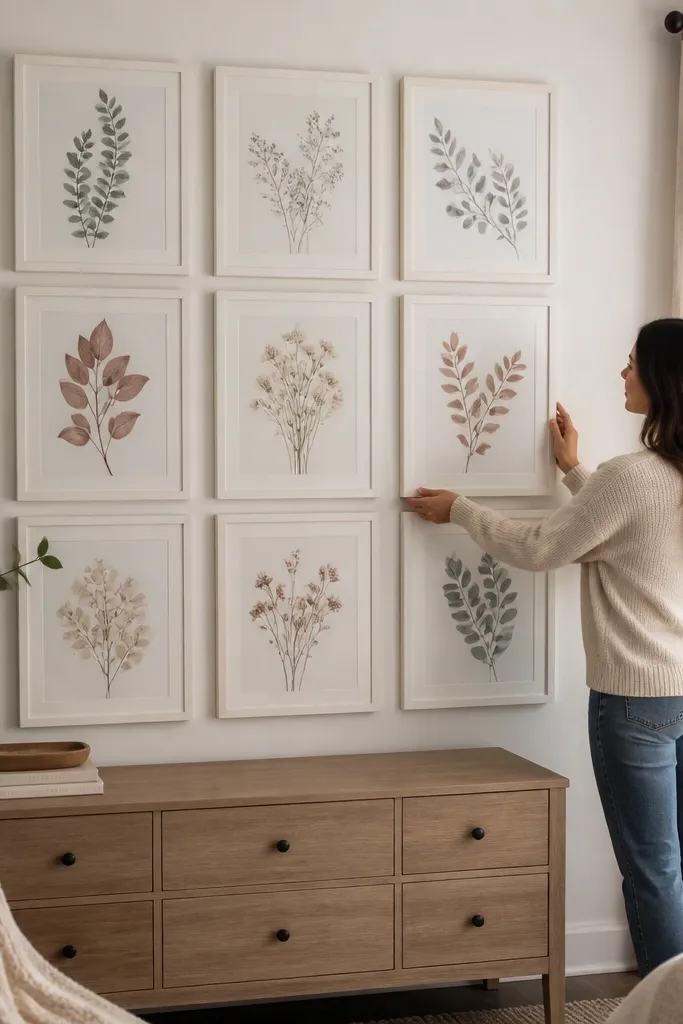 Six botanical prints in white frames arranged in a neat grid on an off-white wall