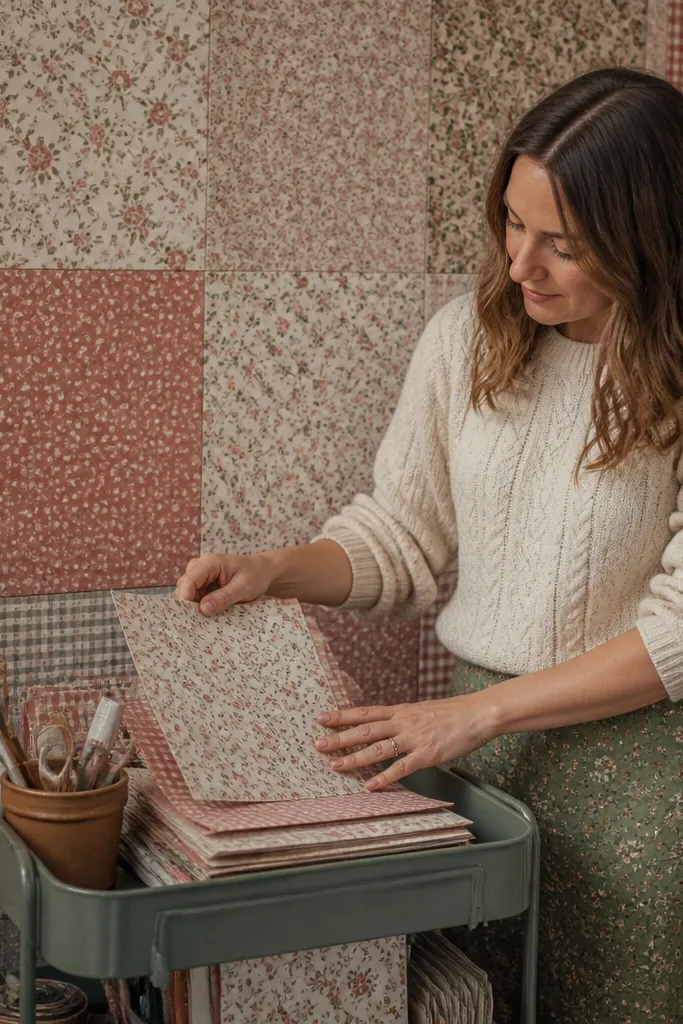 Small patchwork squares of peel-and-stick floral wallpaper on a wall