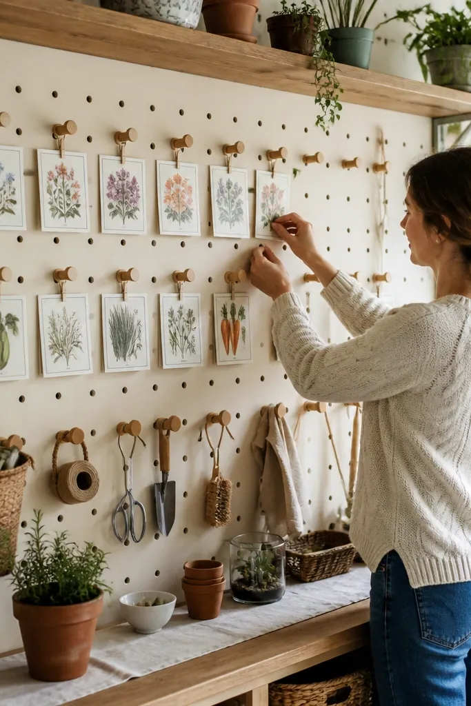 White pegboard with small wood-tone hooks and pinned crafting tools on a cottage wall
