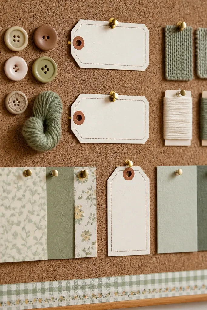 Cork board with a washi tape border and neat labeled sections for crafts