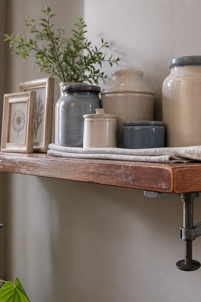 Small wooden shelf with ceramic jars and framed seed packets on a cream wall