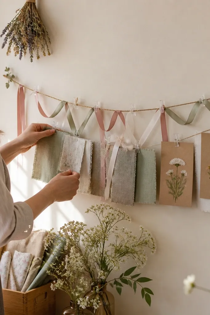 Twine lines with clothespins holding small fabric swatches and cards